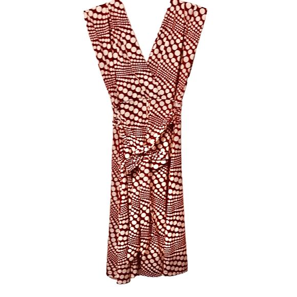ROULETTE ELASTIC WAIST MIDI DRESS, WOMENS M, CRANBERRY & WHITE POLKA DOTS - Picture 7 of 12